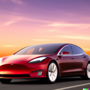 A Tesla cruising down the road. This image is created by AI. The colours are dramatic, and there is a sunset behind the car.